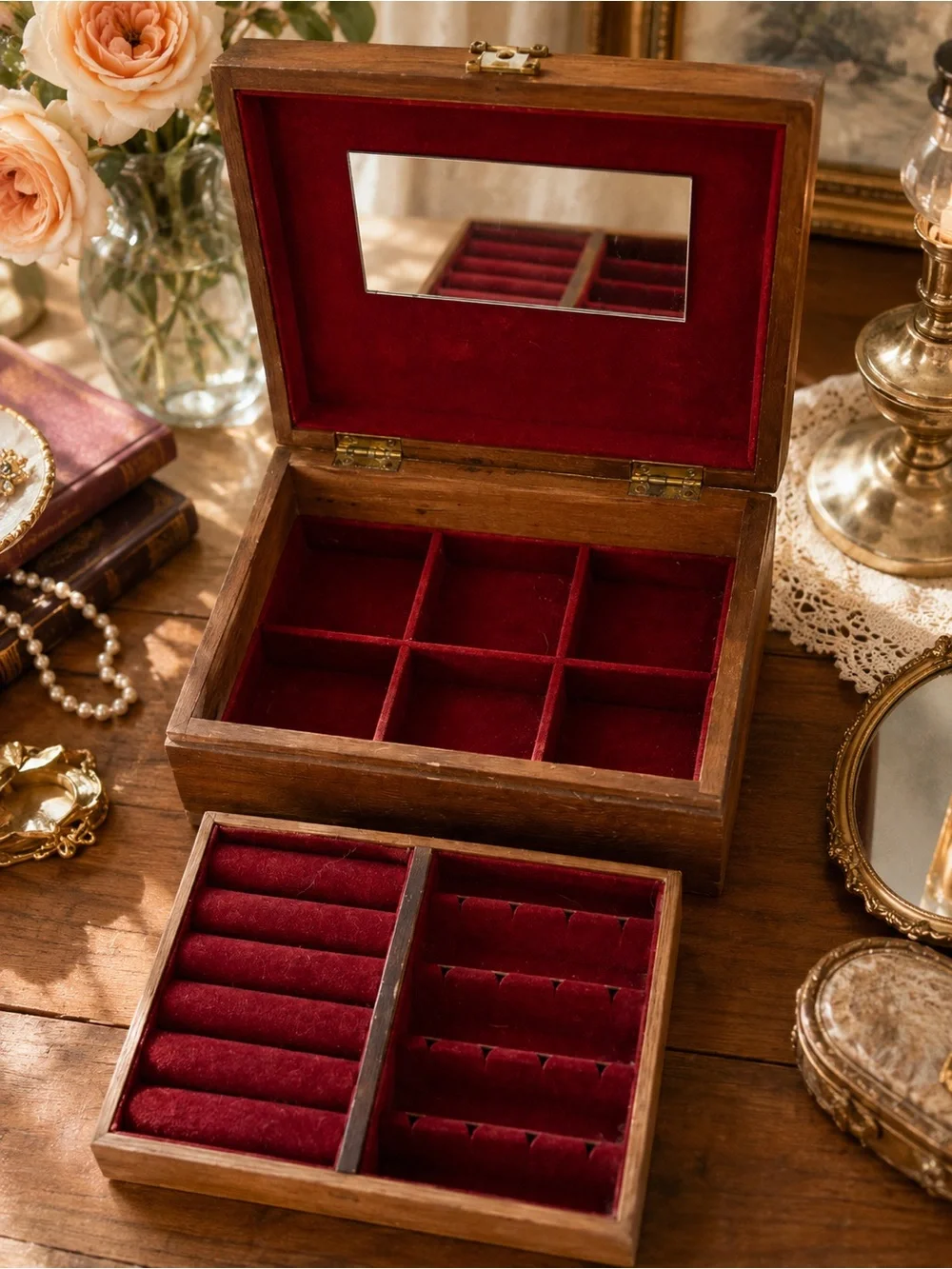 Wooden Jewelry Box Tapestry Lid Red Velvet Mirror Organizer Japan